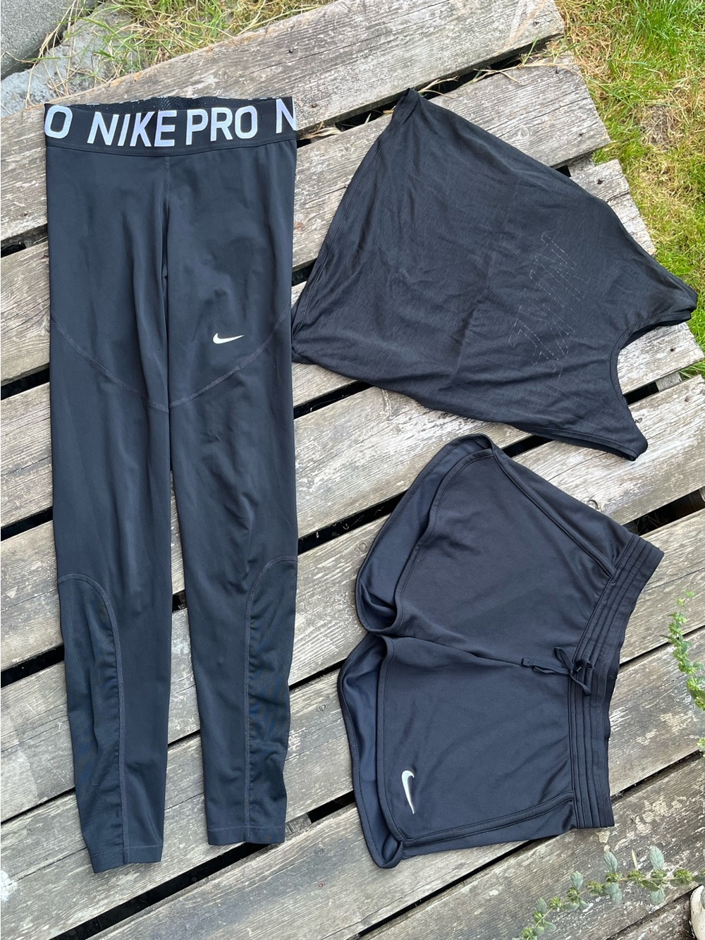 Nike Black Women's Training Leggings, Sleeveless Shirt w/Sports Bra + Shorts Set
